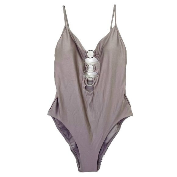 NEW Victoria's Secret V-Plunge Ring One-Piece Swimsuit Shimmer Taupe Size Medium - Picture 3 of 10